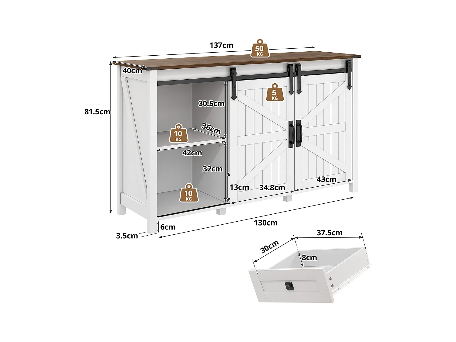 Buffet Commode en MDF 137 × 40 × 81.5 cm avec 2 Portes, 4 Tiroirs et Rangement Ouvert - Blanc