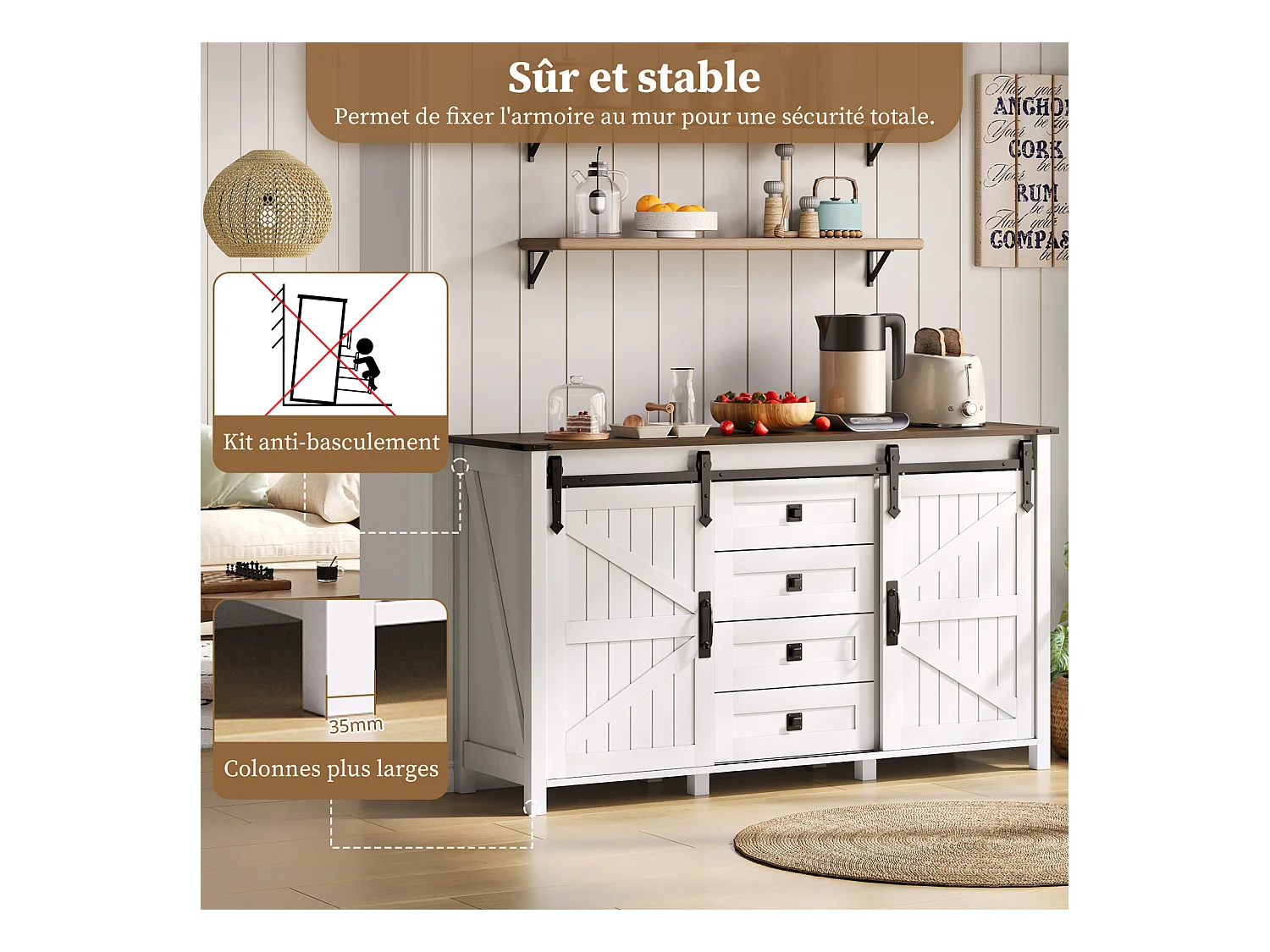 Buffet Commode en MDF 137 × 40 × 81.5 cm avec 2 Portes, 4 Tiroirs et Rangement Ouvert - Blanc