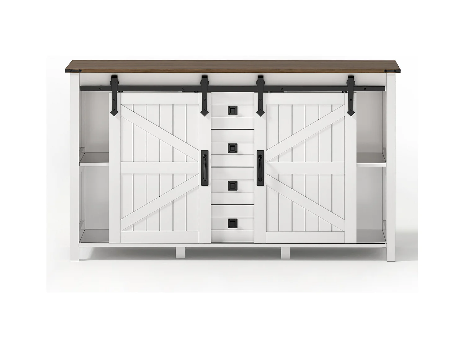 Buffet Commode en MDF 137 × 40 × 81.5 cm avec 2 Portes, 4 Tiroirs et Rangement Ouvert - Blanc