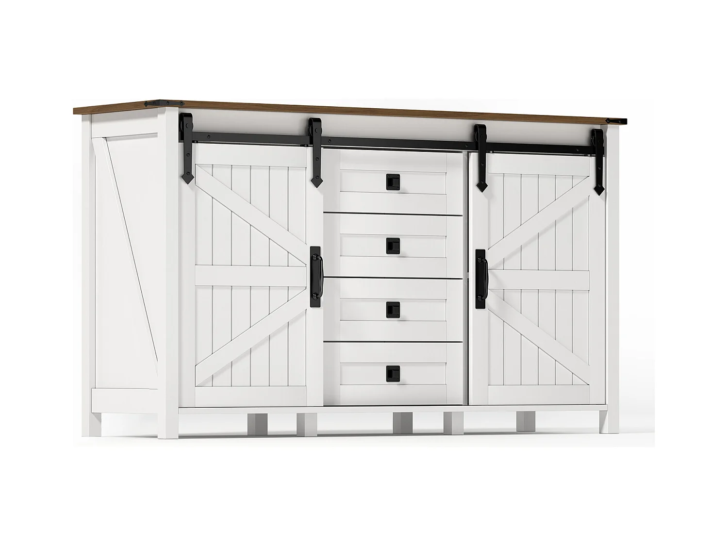 Buffet Commode en MDF 137 × 40 × 81.5 cm avec 2 Portes, 4 Tiroirs et Rangement Ouvert - Blanc