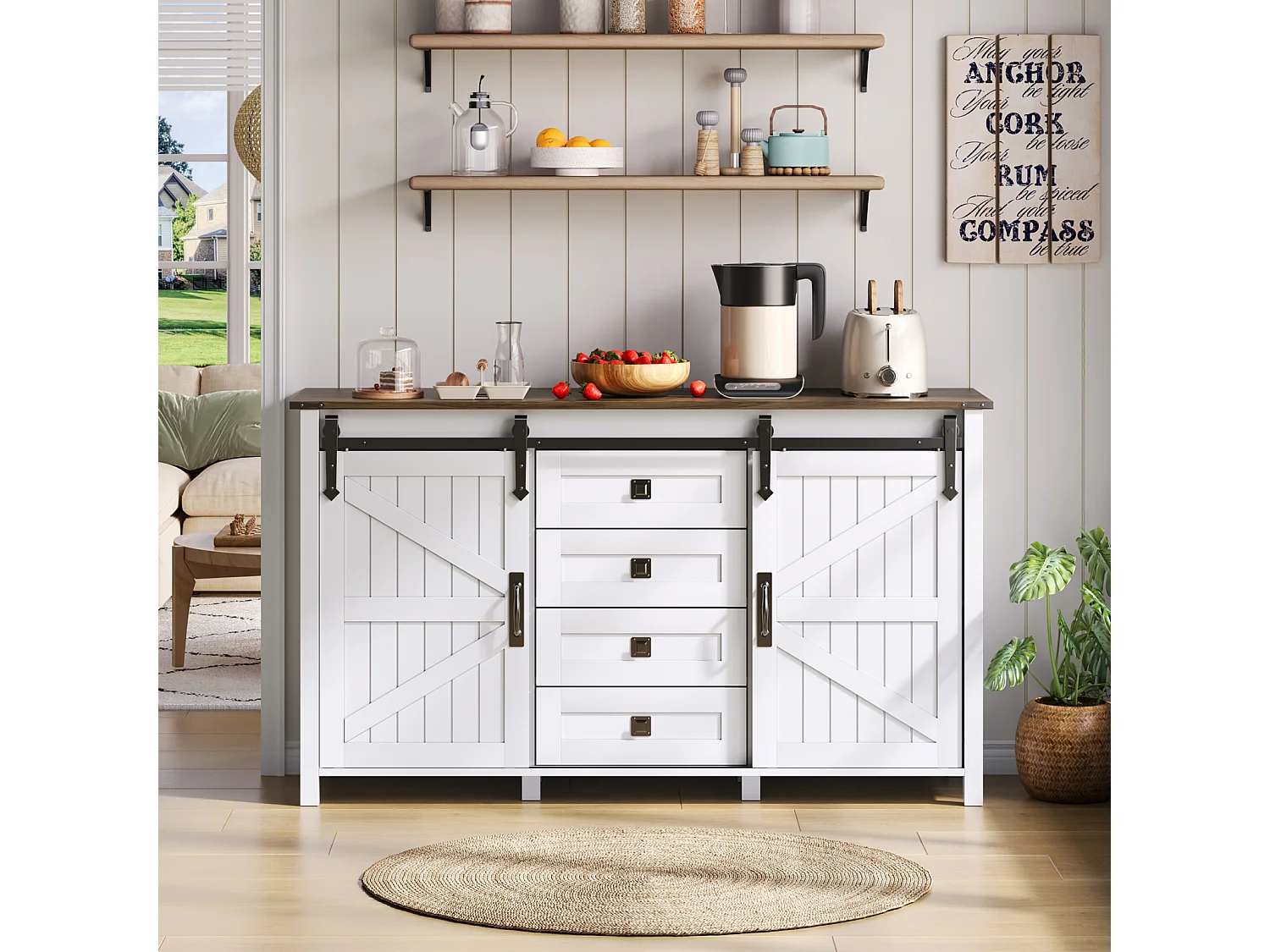 Aparador de MDF con cajones, 137 × 40 × 81,5 cm, 2 puertas, 4 cajones y espacio de almacenamiento abierto - Blanco