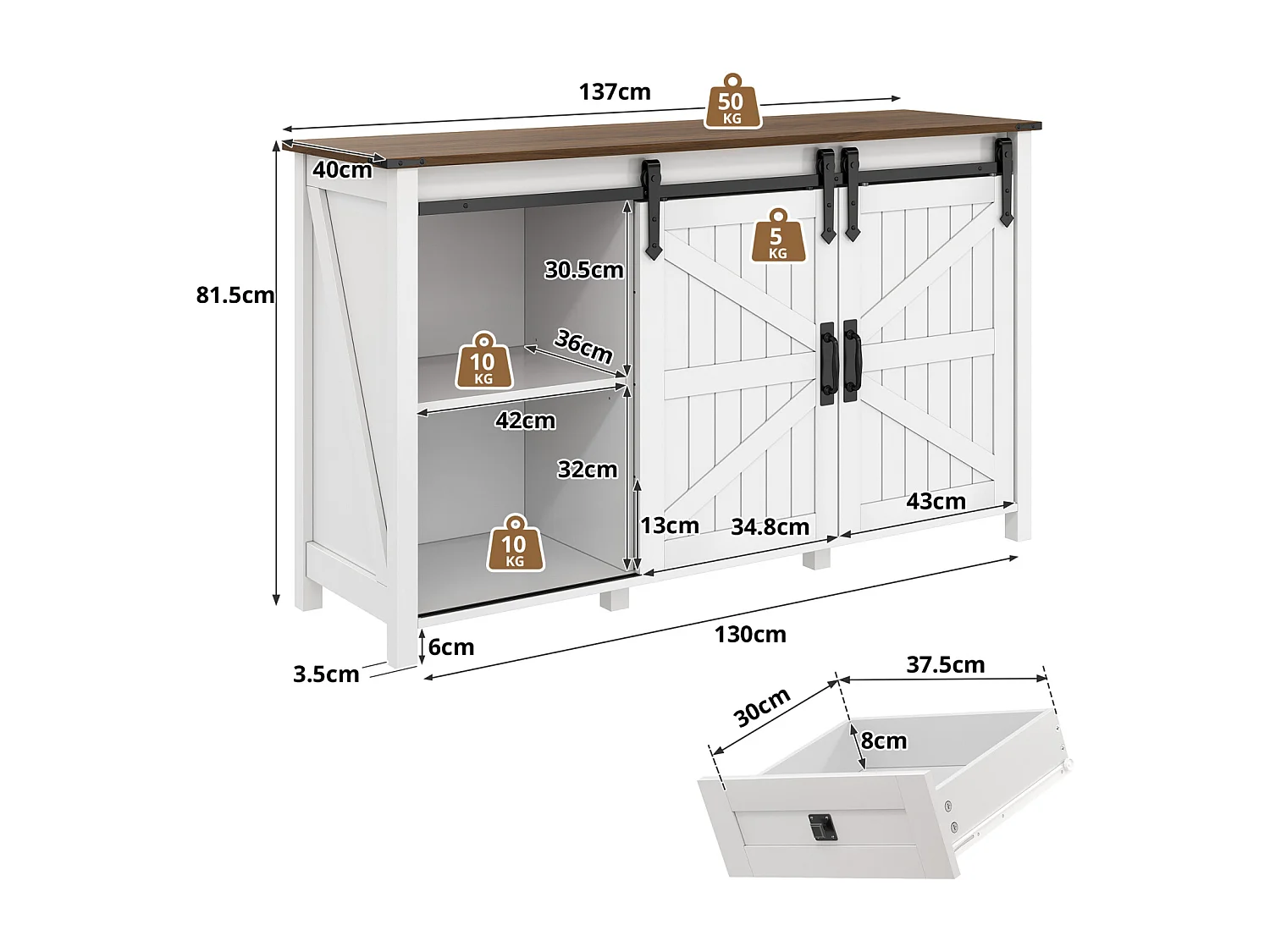 Aparador de MDF con cajones, 137 × 40 × 81,5 cm, 2 puertas, 4 cajones y espacio de almacenamiento abierto - Blanco