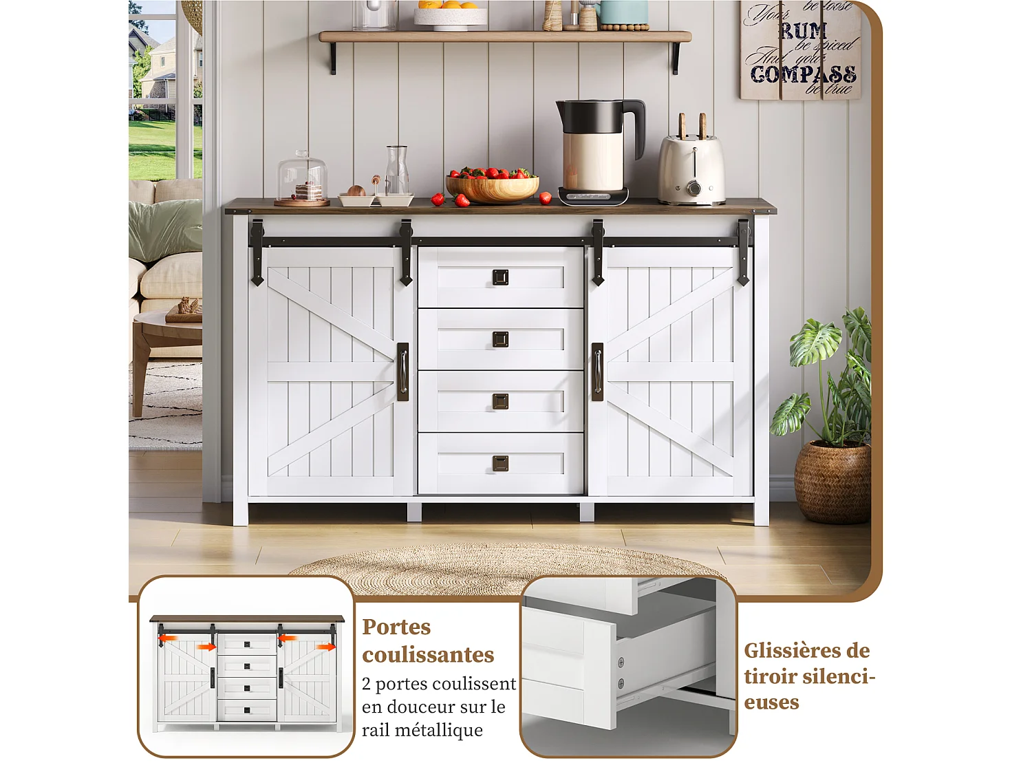 Aparador de MDF con cajones, 137 × 40 × 81,5 cm, 2 puertas, 4 cajones y espacio de almacenamiento abierto - Blanco