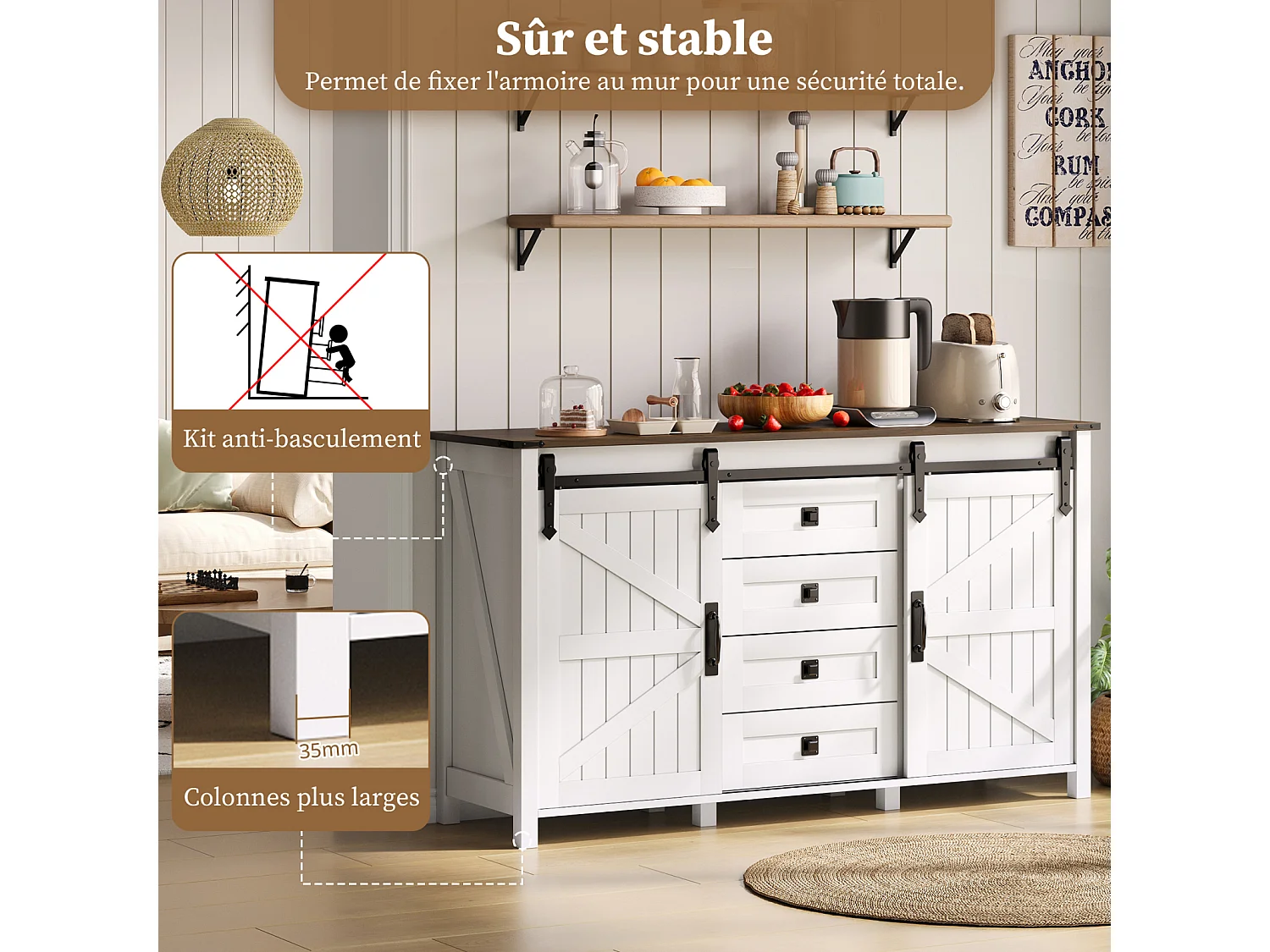 Aparador de MDF con cajones, 137 × 40 × 81,5 cm, 2 puertas, 4 cajones y espacio de almacenamiento abierto - Blanco