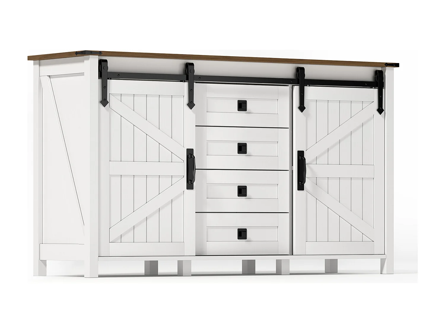Aparador de MDF con cajones, 137 × 40 × 81,5 cm, 2 puertas, 4 cajones y espacio de almacenamiento abierto - Blanco