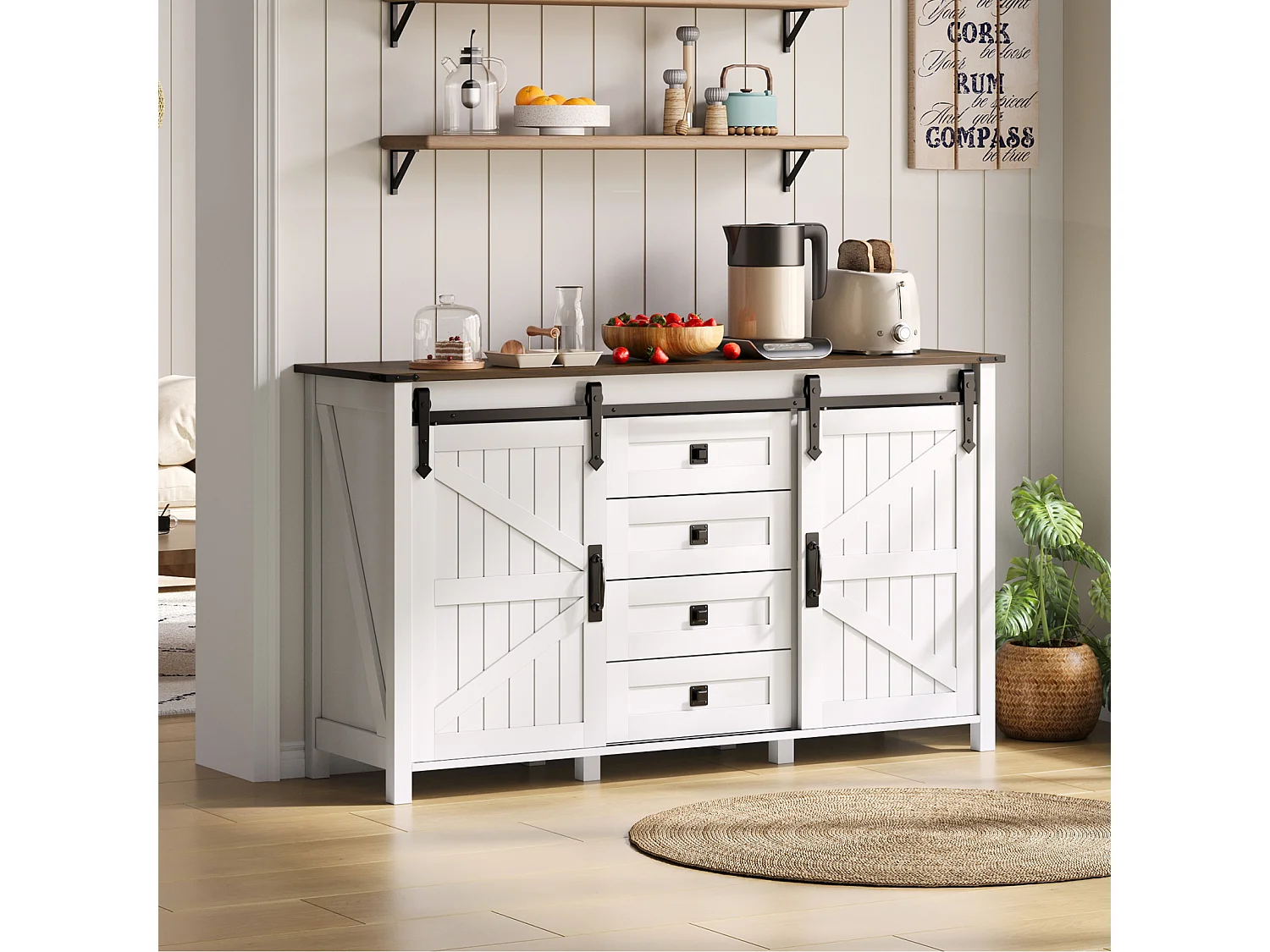 MDF Dressoir Ladekast 137 × 40 × 81,5 cm met 2 deuren, 4 lades en open opbergruimte - Wit