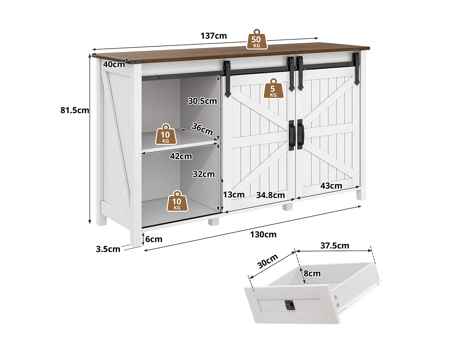 MDF Dressoir Ladekast 137 × 40 × 81,5 cm met 2 deuren, 4 lades en open opbergruimte - Wit