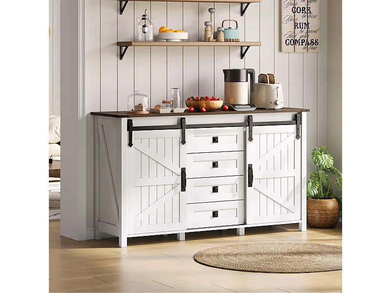 Buffet Commode en MDF 137 × 40 × 81.5 cm avec 2 Portes, 4 Tiroirs et Rangement Ouvert - Blanc
