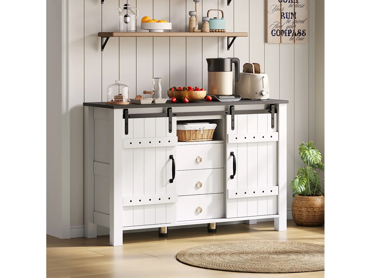 Aparador com arrumação 120 cm de comprimento, com 2 portas e 3 gavetas, adequado para cozinha, branco