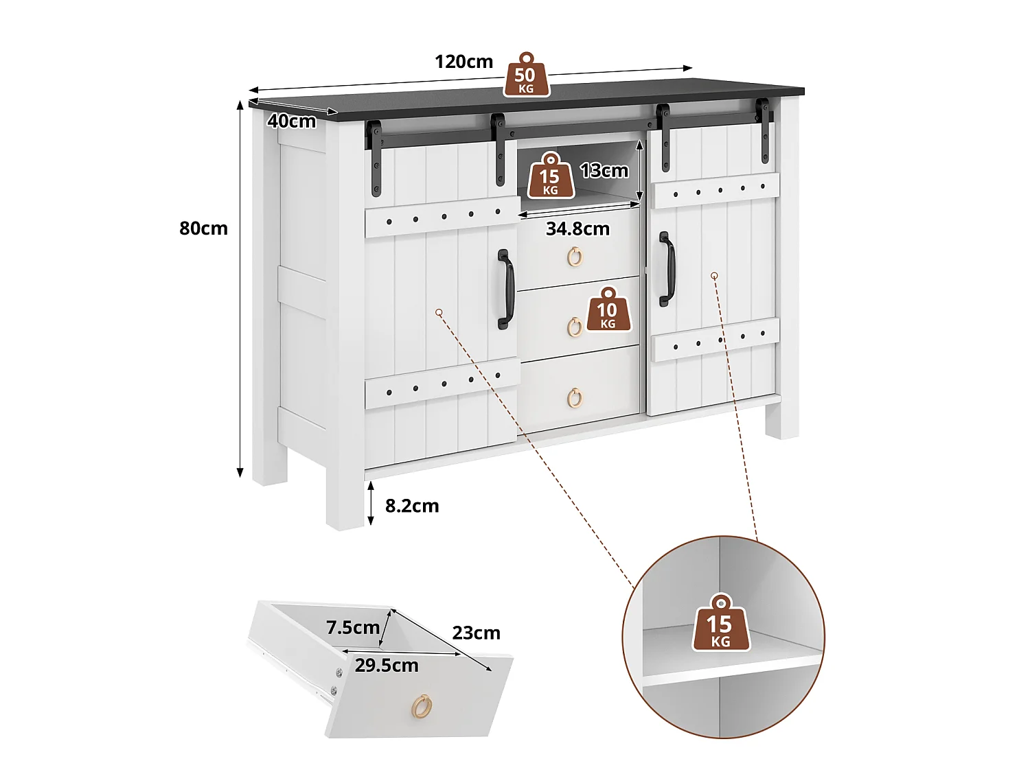 Aparador com arrumação 120 cm de comprimento, com 2 portas e 3 gavetas, adequado para cozinha, branco