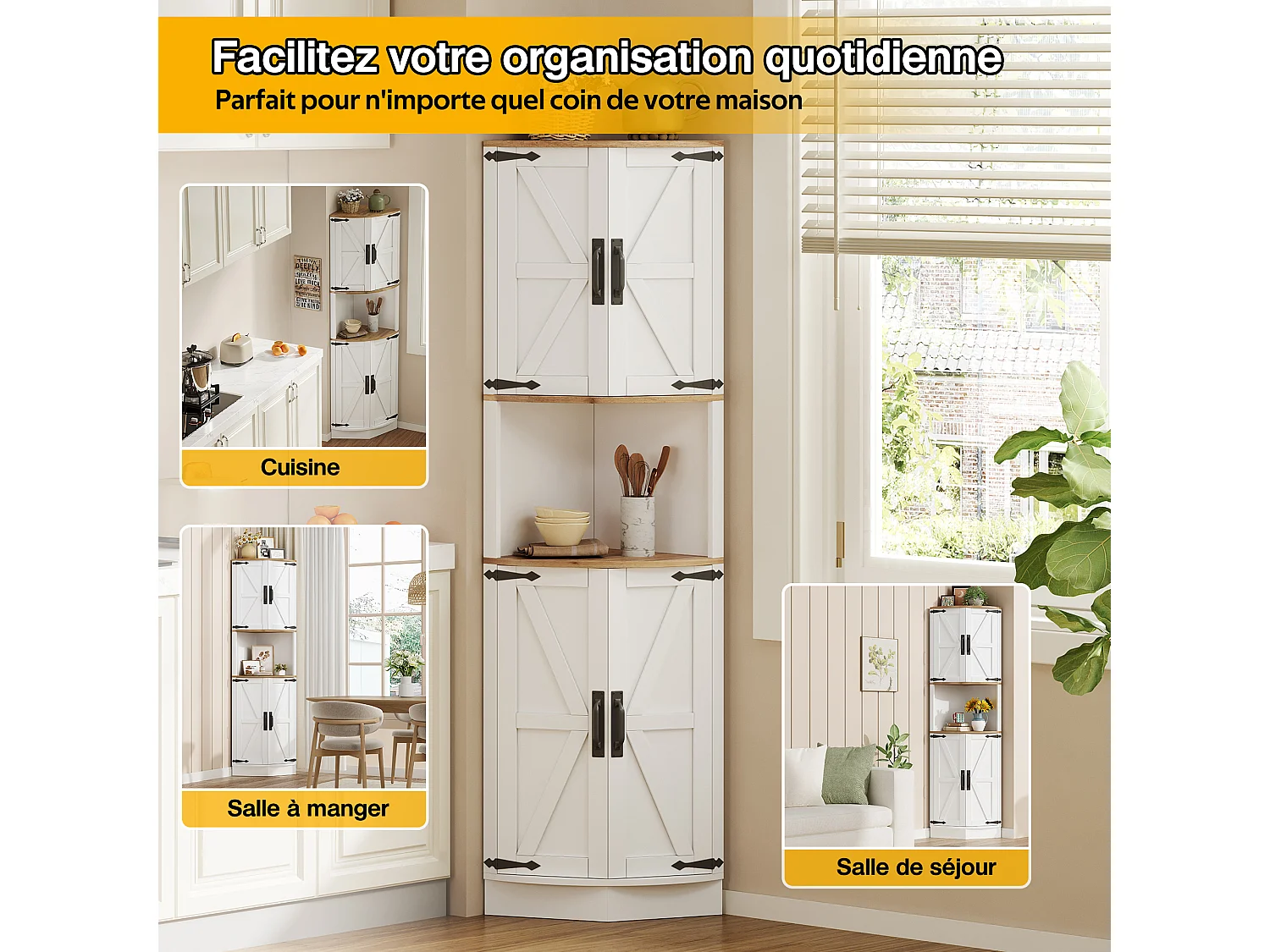 Dressoir met 4 deuren en verstelbare planken, schuurdeurontwerp, hoekkast voor woonkamer, wit