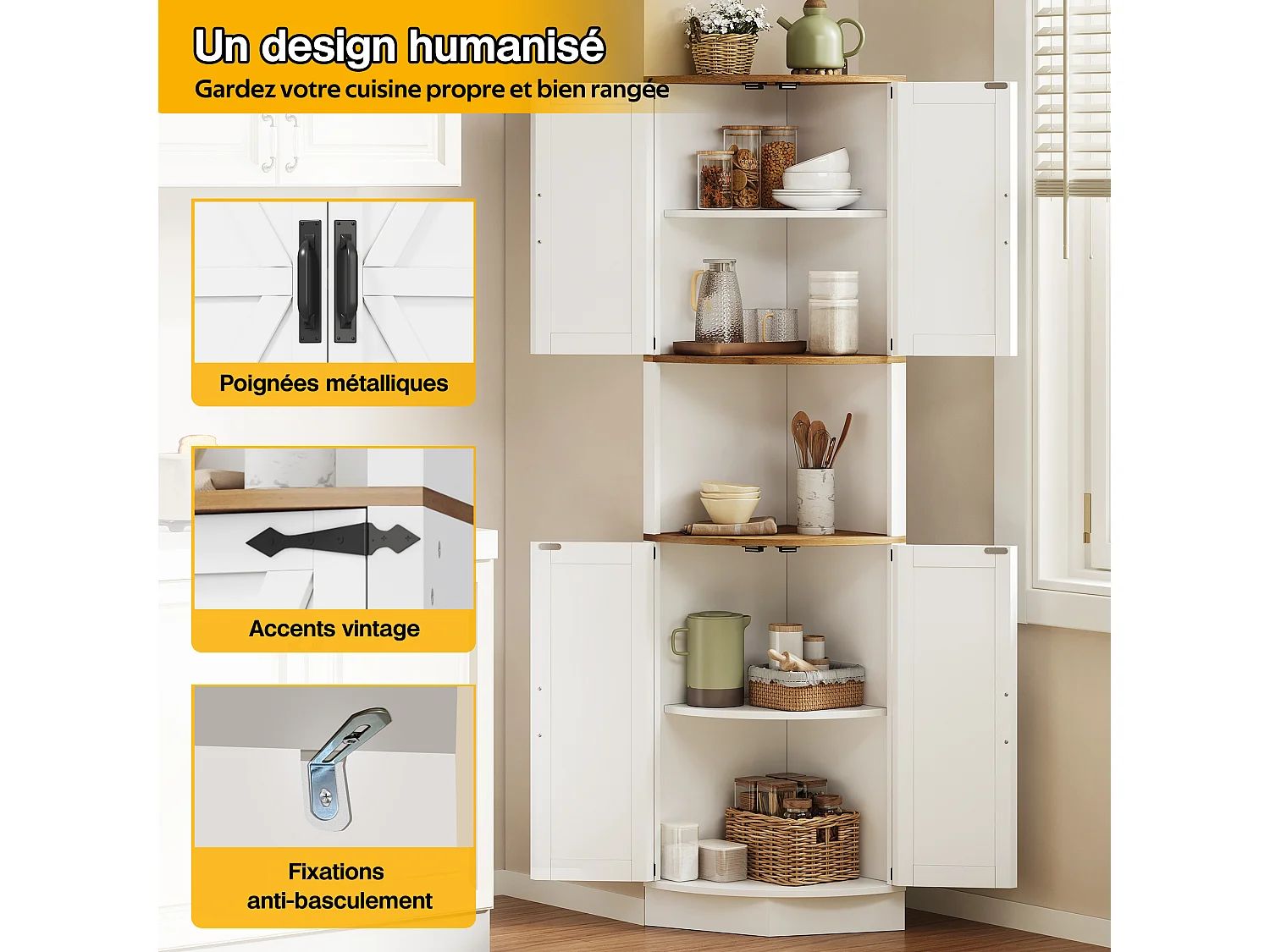 Dressoir met 4 deuren en verstelbare planken, schuurdeurontwerp, hoekkast voor woonkamer, wit