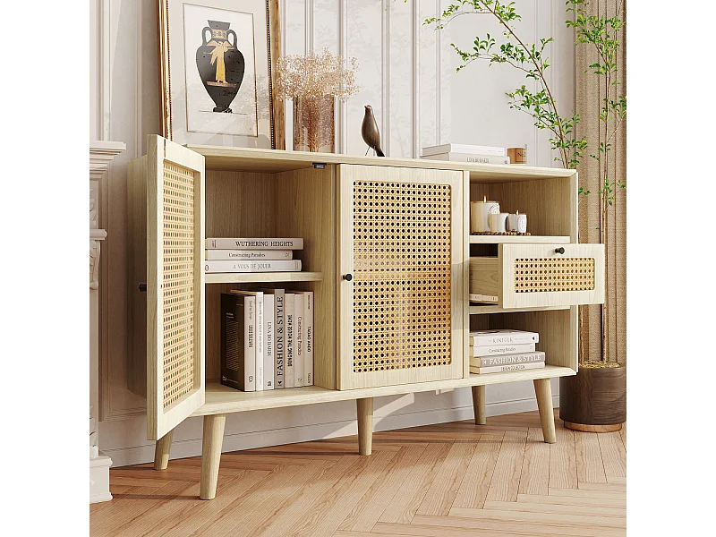 Buffet 120 x 40 x 80 cm, avec 2 portes, 1 tiroirs et 2 niches en MDF - effet rotin - coloris naturel