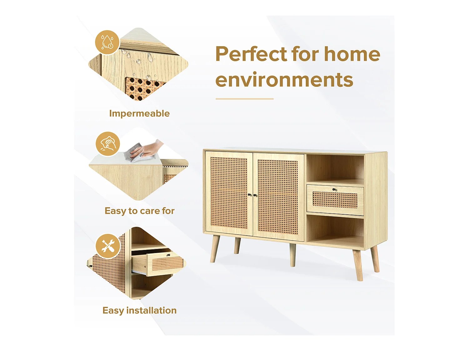 Buffet 120 x 40 x 80 cm, avec 2 portes, 1 tiroirs et 2 niches en MDF - effet rotin - coloris naturel