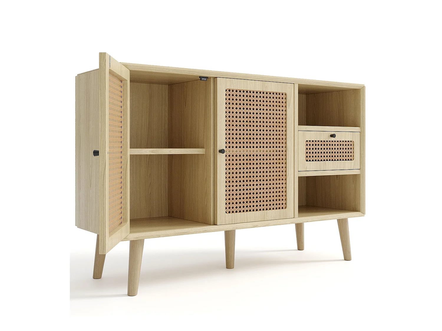 Buffet 120 x 40 x 80 cm, avec 2 portes, 1 tiroirs et 2 niches en MDF - effet rotin - coloris naturel