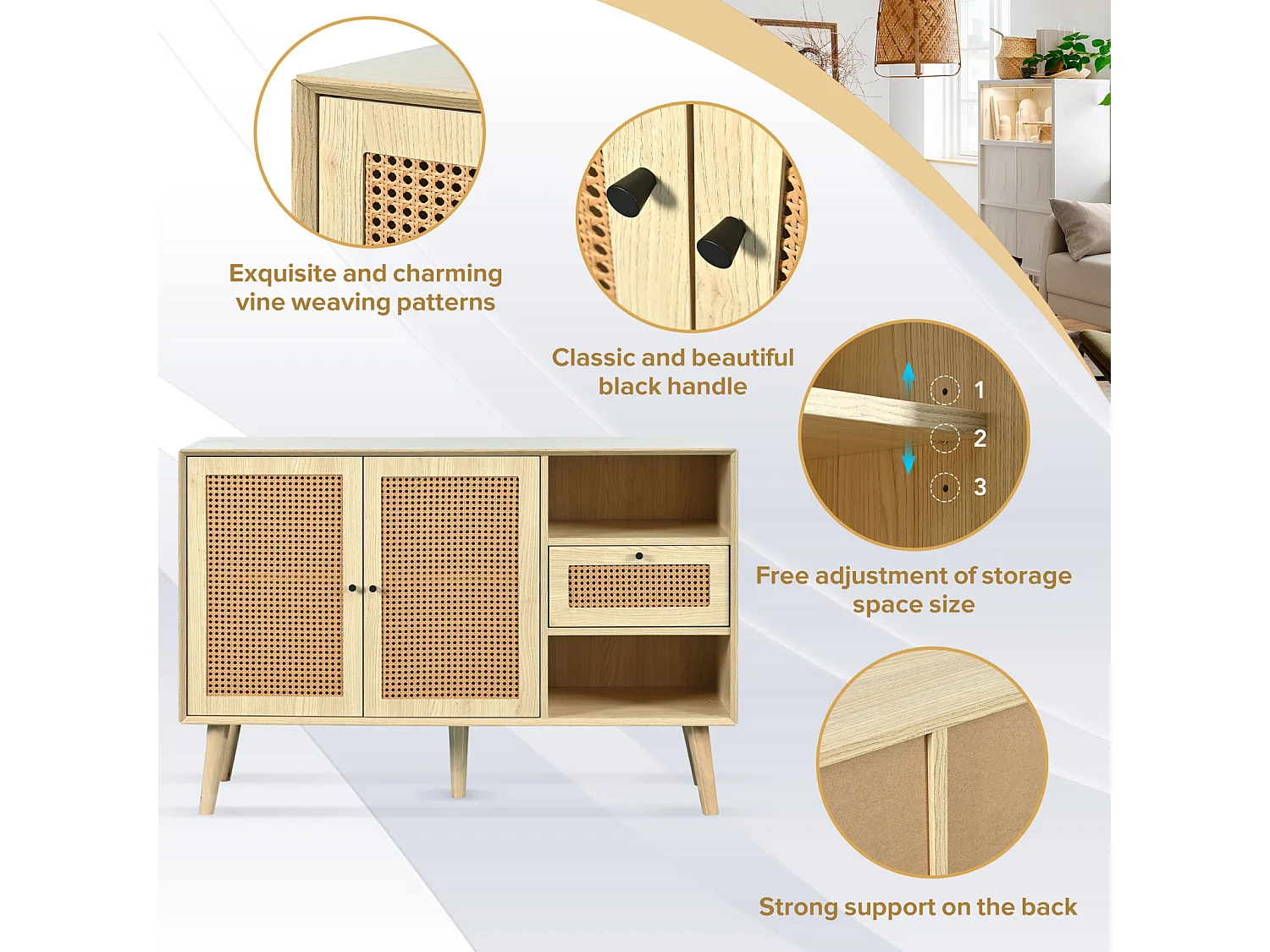 Buffet 120 x 40 x 80 cm, avec 2 portes, 1 tiroirs et 2 niches en MDF - effet rotin - coloris naturel