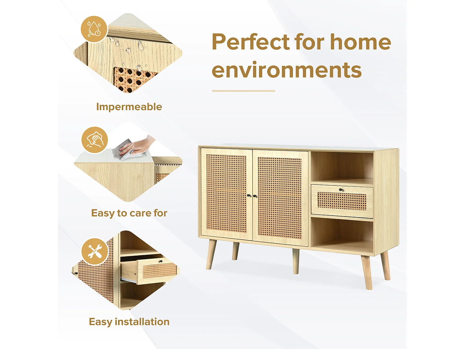 Buffet 120 x 40 x 80 cm, avec 2 portes, 1 tiroirs et 2 niches en MDF - effet rotin - coloris naturel