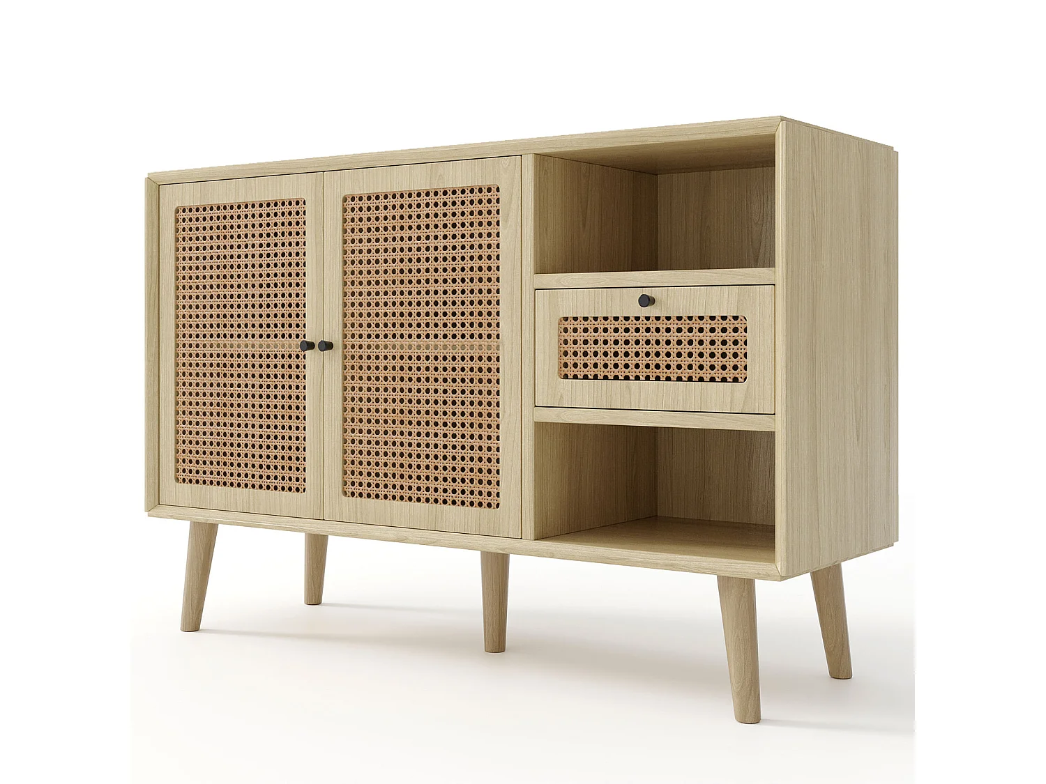 Buffet 120 x 40 x 80 cm, avec 2 portes, 1 tiroirs et 2 niches en MDF - effet rotin - coloris naturel
