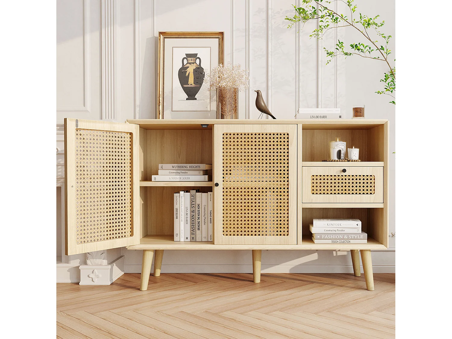 Buffet 120 x 40 x 80 cm, avec 2 portes, 1 tiroirs et 2 niches en MDF - effet rotin - coloris naturel