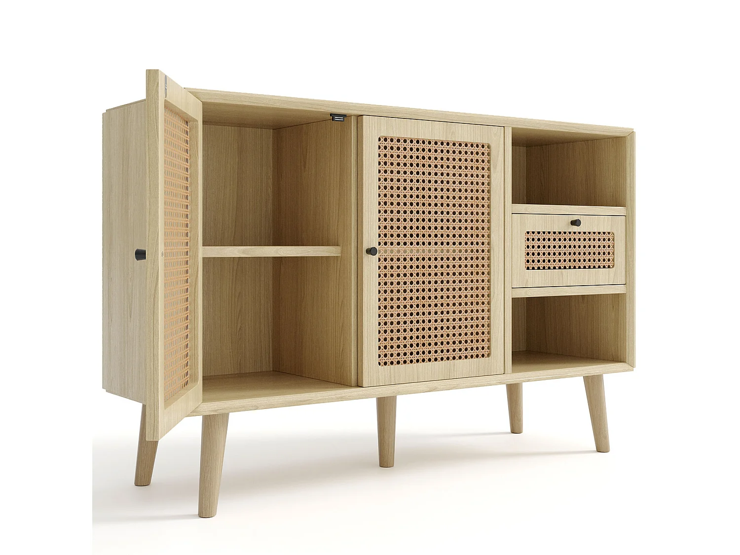 Buffet 120 x 40 x 80 cm, avec 2 portes, 1 tiroirs et 2 niches en MDF - effet rotin - coloris naturel