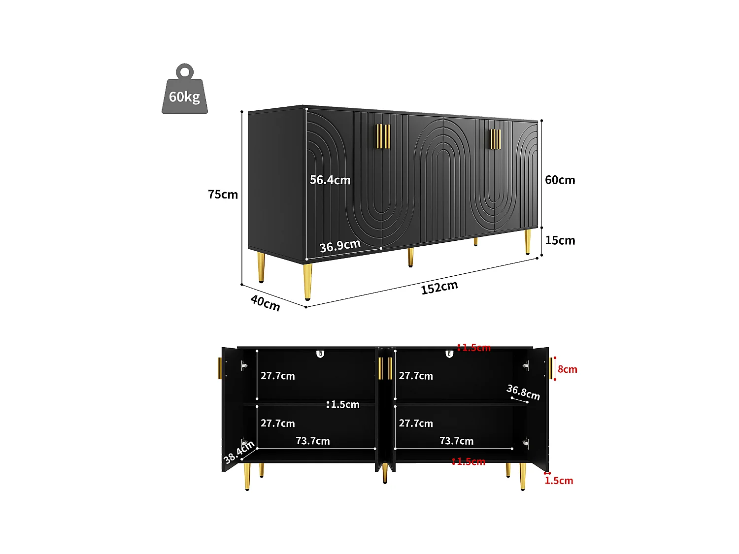 Meuble de bar pivotant 360° et escamotable - avec 4 tiroirs et 1 porte - étagères ouvertes - NOir