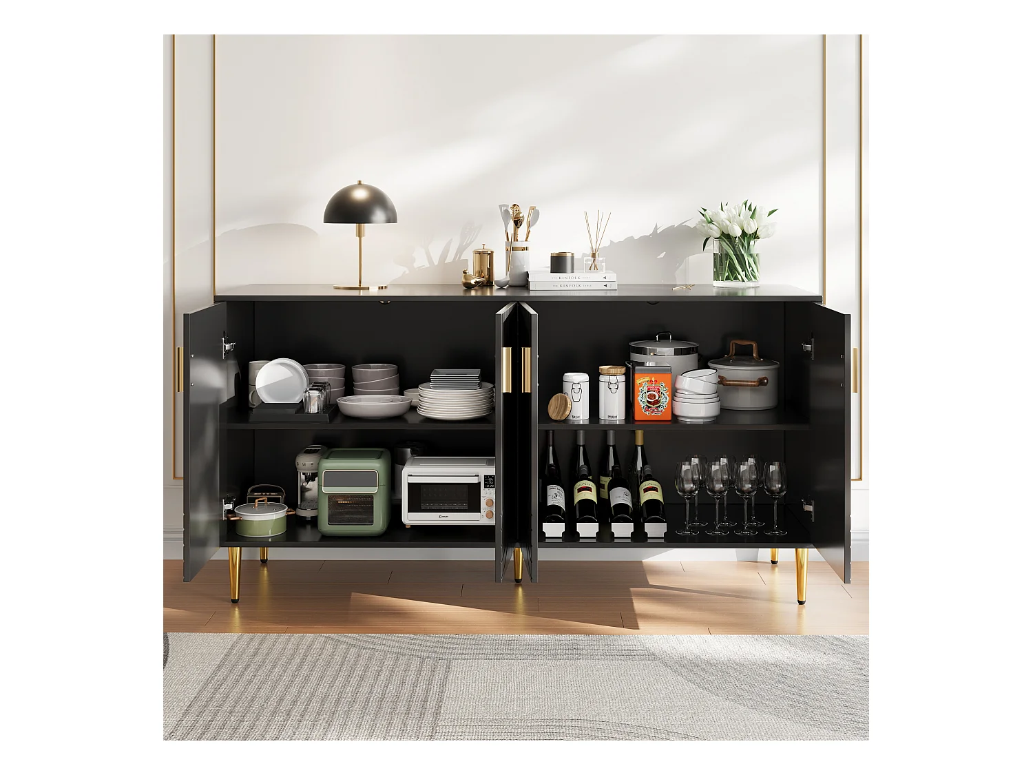 Meuble de bar pivotant 360° et escamotable - avec 4 tiroirs et 1 porte - étagères ouvertes - NOir