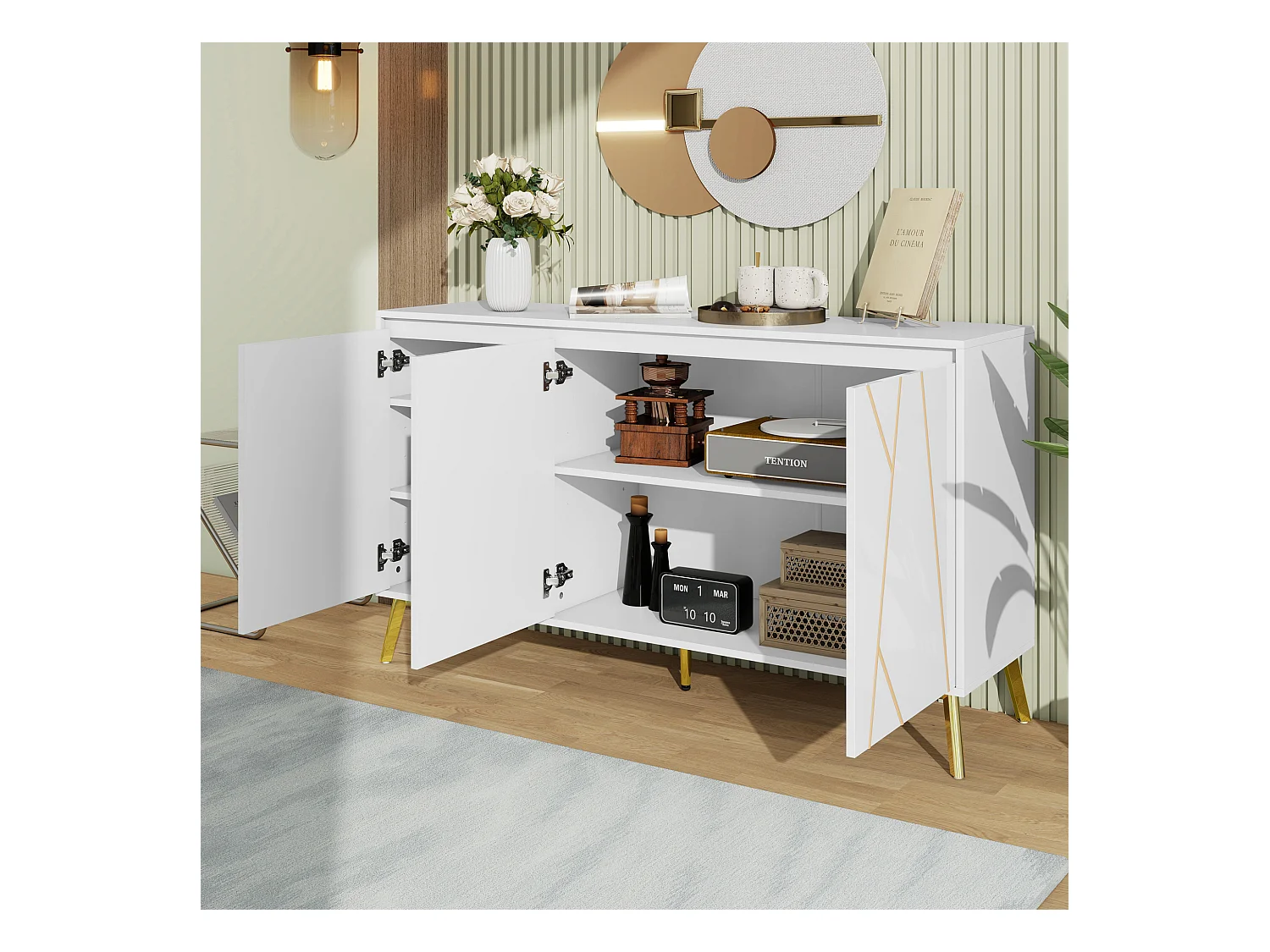 Buffet moderne avec 3 portes - 140 x 40 x 80 cm - MDF - pour salon ou cuisine - Blanc et or