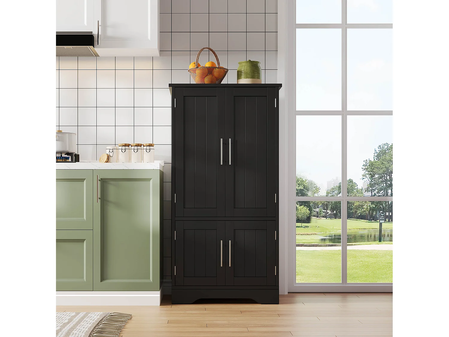 Aparador de Cozinha com 4 Portas, 180×80×40 cm, com 4 Compartimentos para Sala de Jantar, Preto
