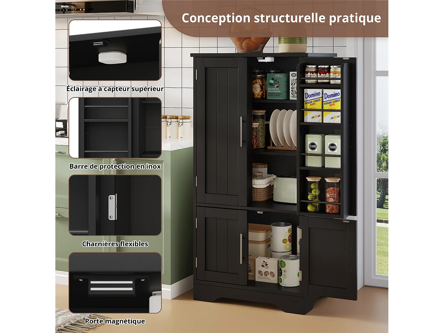 Aparador de Cozinha com 4 Portas, 180×80×40 cm, com 4 Compartimentos para Sala de Jantar, Preto