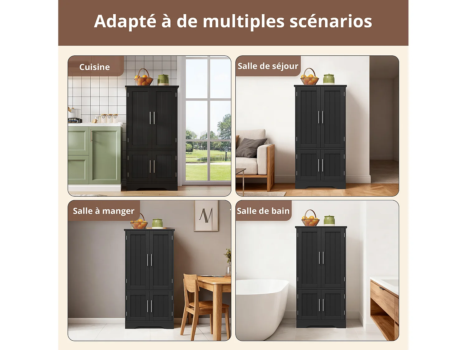 Buffet Cuisine avec 4 Portes, 180×80×40 cm, avec 4 Compartiments pour Salle à Manger, Noir