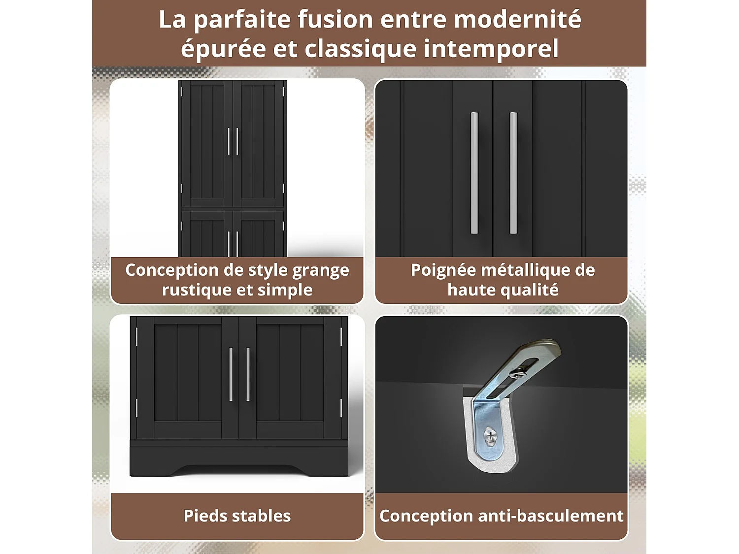 Buffet Cuisine avec 4 Portes, 180×80×40 cm, avec 4 Compartiments pour Salle à Manger, Noir