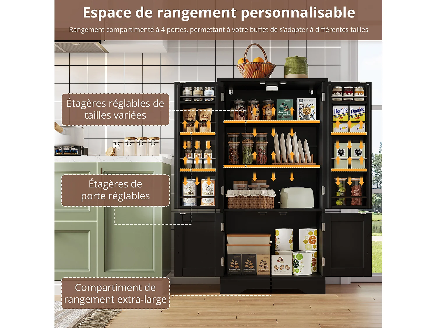 Buffet Cuisine avec 4 Portes, 180×80×40 cm, avec 4 Compartiments pour Salle à Manger, Noir