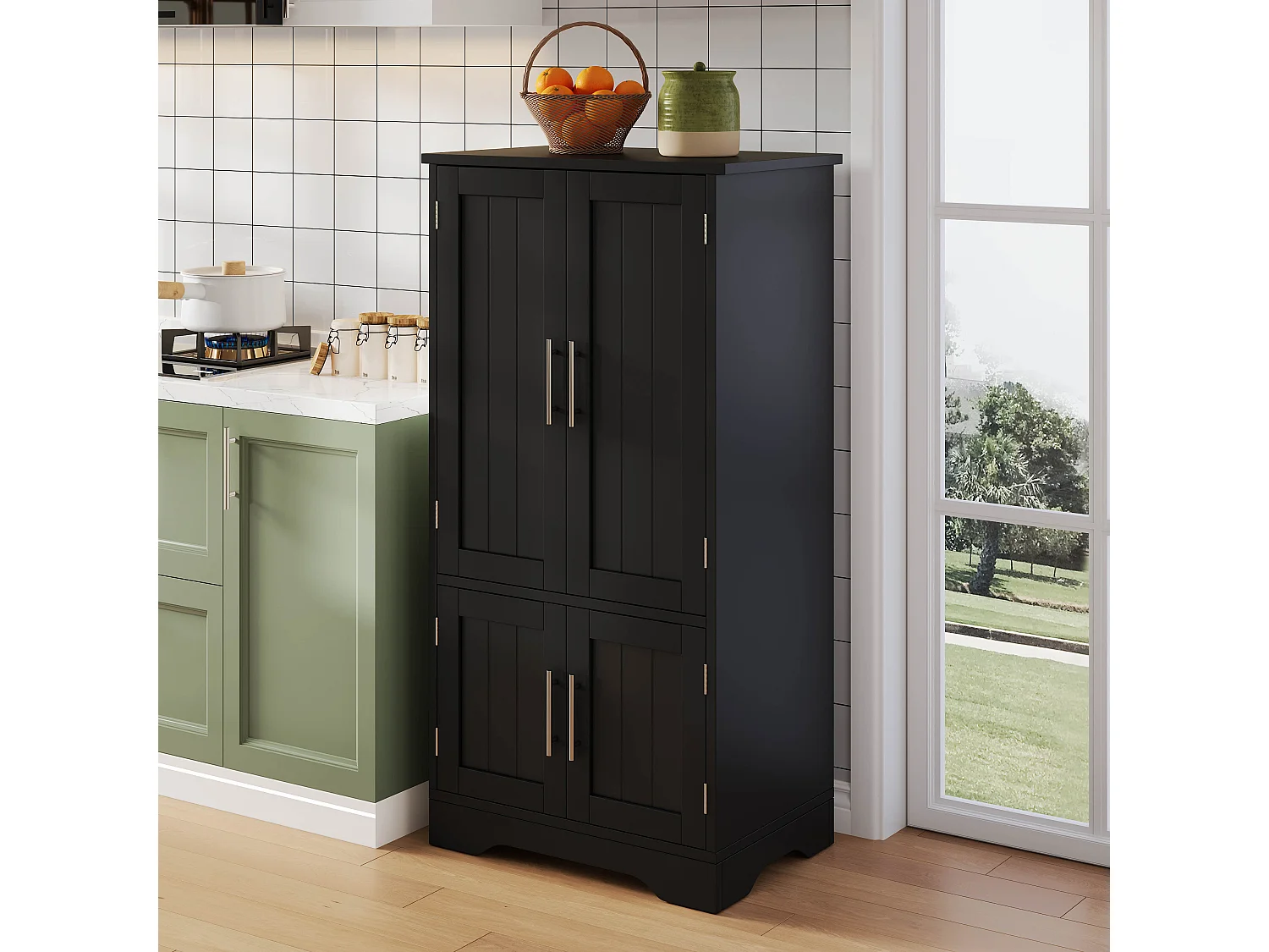 Buffet Cuisine avec 4 Portes, 120×60×40 cm, avec 4 Compartiments pour Salle à Manger, Noir