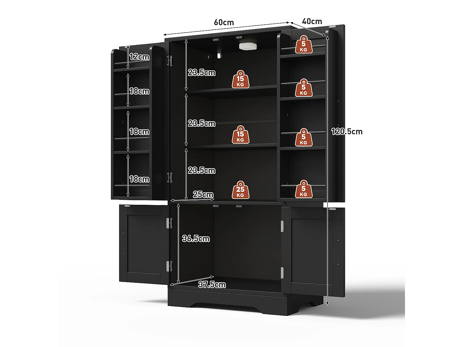 Buffet Cuisine avec 4 Portes, 120×60×40 cm, avec 4 Compartiments pour Salle à Manger, Noir