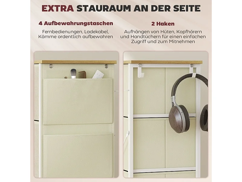 Commode 8 tiroirs en Tissu, avec 4 Poches, 2 Crochets, Structure en Acier, pour Salon,Beige