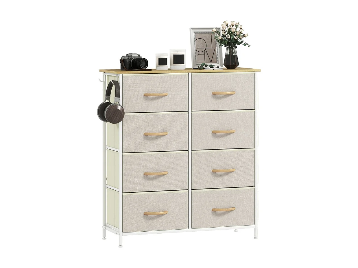 Commode 8 tiroirs en Tissu, avec 4 Poches, 2 Crochets, Structure en Acier, pour Salon,Beige