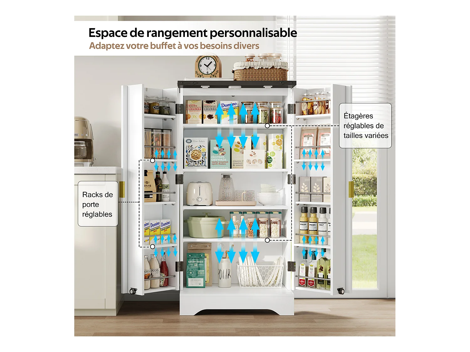 Aparador de cocina estilo rústico con 2 puertas y estantes ajustables, color blanco