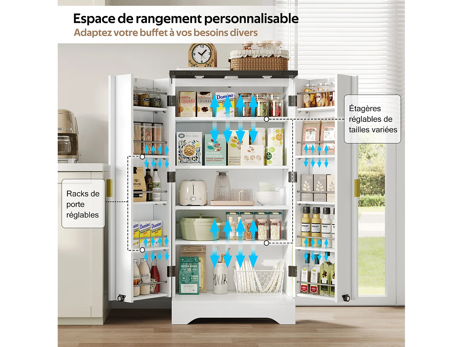 Buffet de cuisine de style maison de campagne - Armoire avec 2 portes, étagères réglables, Blanc