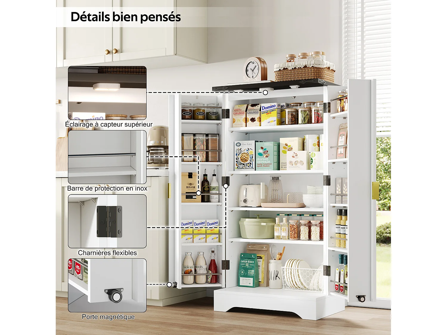 Buffet de cuisine de style maison de campagne - Armoire avec 2 portes, étagères réglables, Blanc