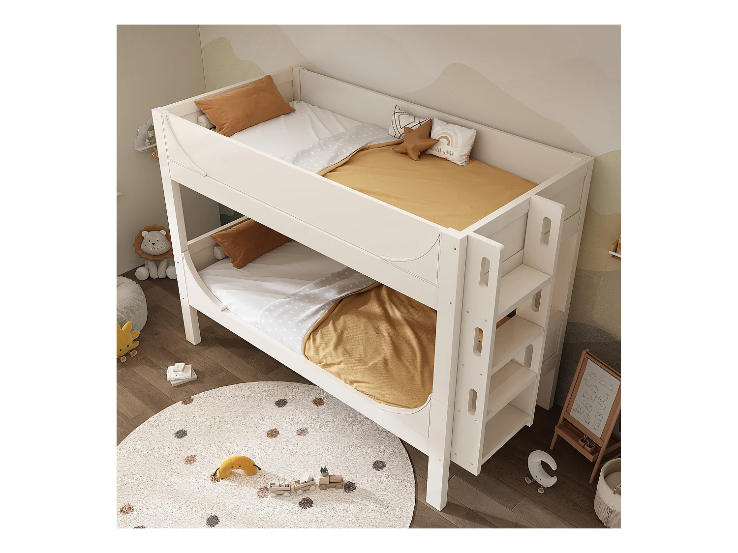 Lit superposé séparable 90×200 avec échelle modulable tête/pied, design traîneau, blanc, sommier inclus