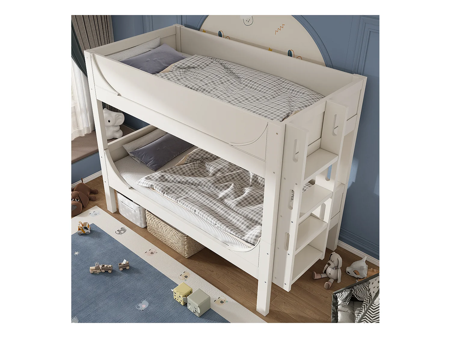 Lit superposé séparable 90×200 avec échelle modulable tête/pied, design traîneau, blanc, sommier inclus