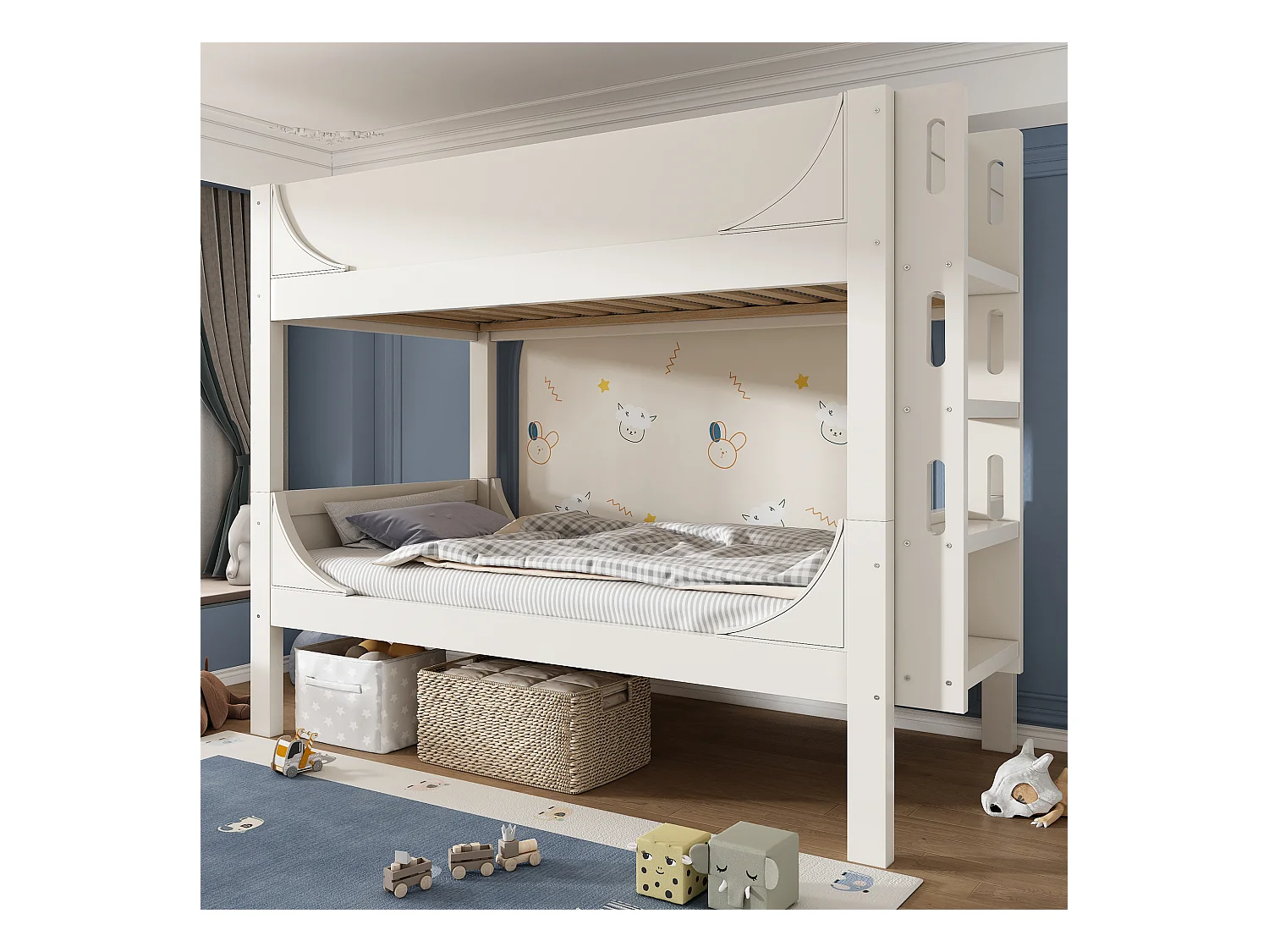 Lit superposé séparable 90×200 avec échelle modulable tête/pied, design traîneau, blanc, sommier inclus