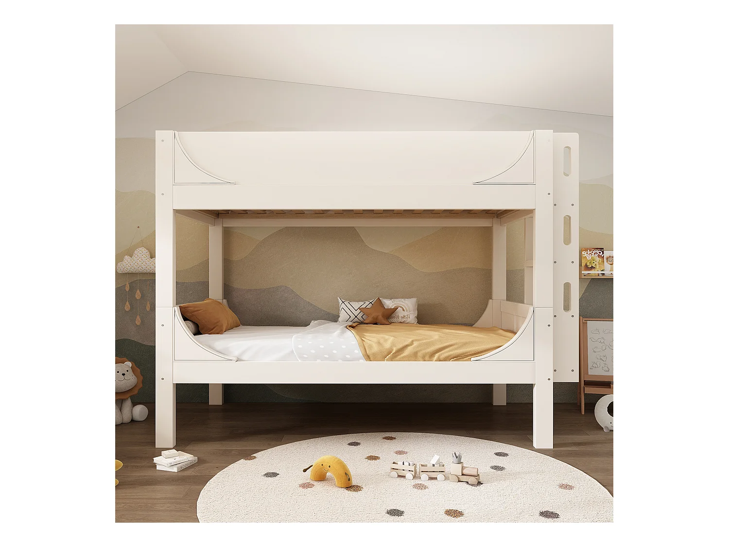 Lit superposé séparable 90×200 avec échelle modulable tête/pied, design traîneau, blanc, sommier inclus