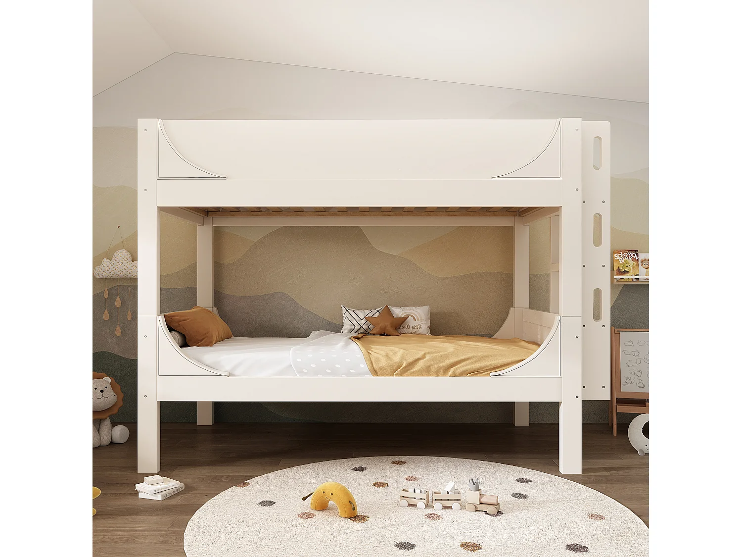 Lit superposé séparable 90×200 avec échelle modulable tête/pied, design traîneau, blanc, sommier inclus
