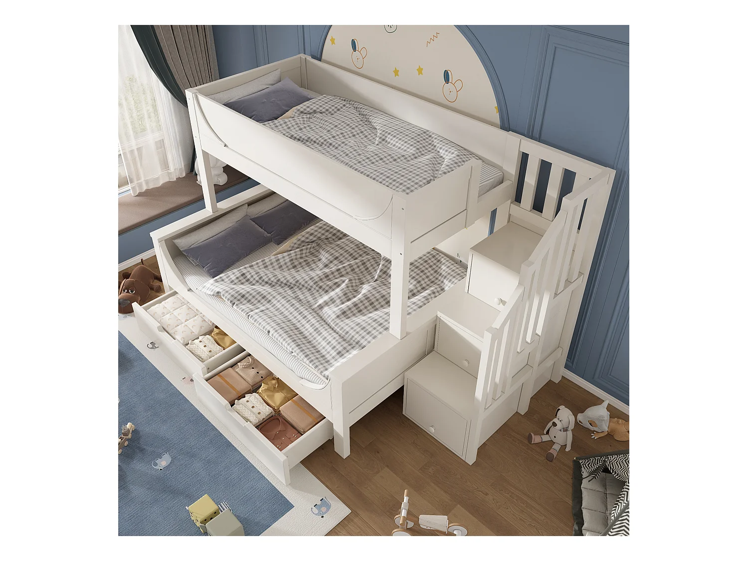 Lit superposé meuble commode & étagères, forme traîneau, sommier inclus, haut 90×200 + bas 140×200, blanc