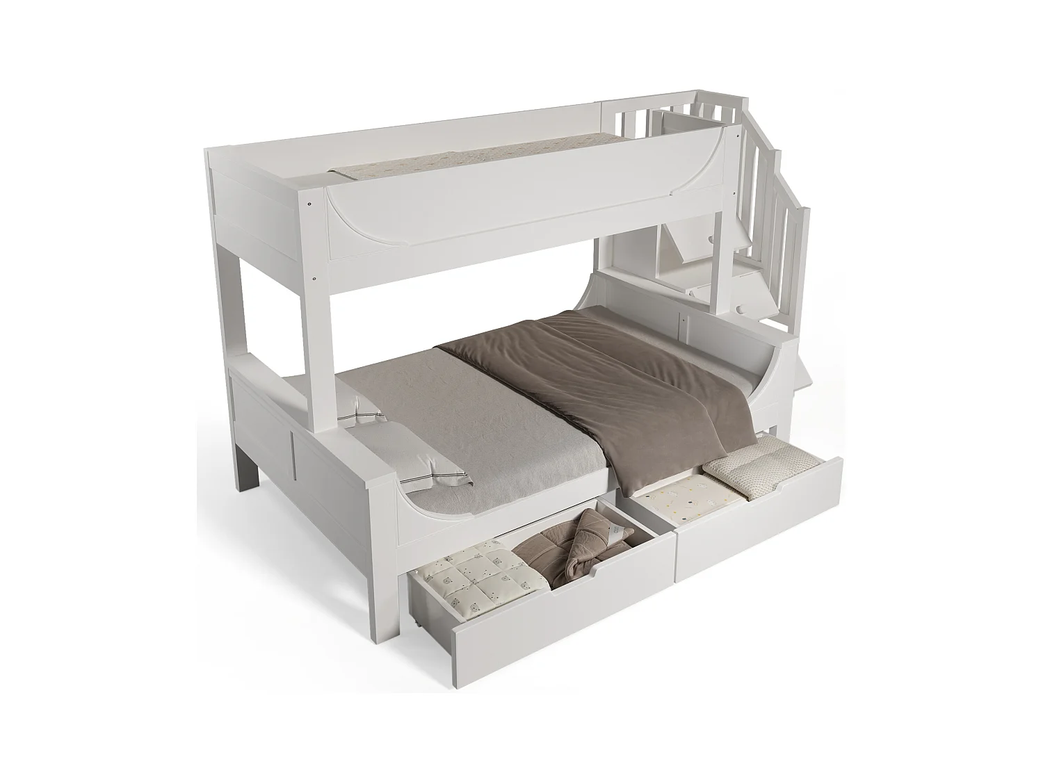 Lit superposé meuble commode & étagères, forme traîneau, sommier inclus, haut 90×200 + bas 140×200, blanc