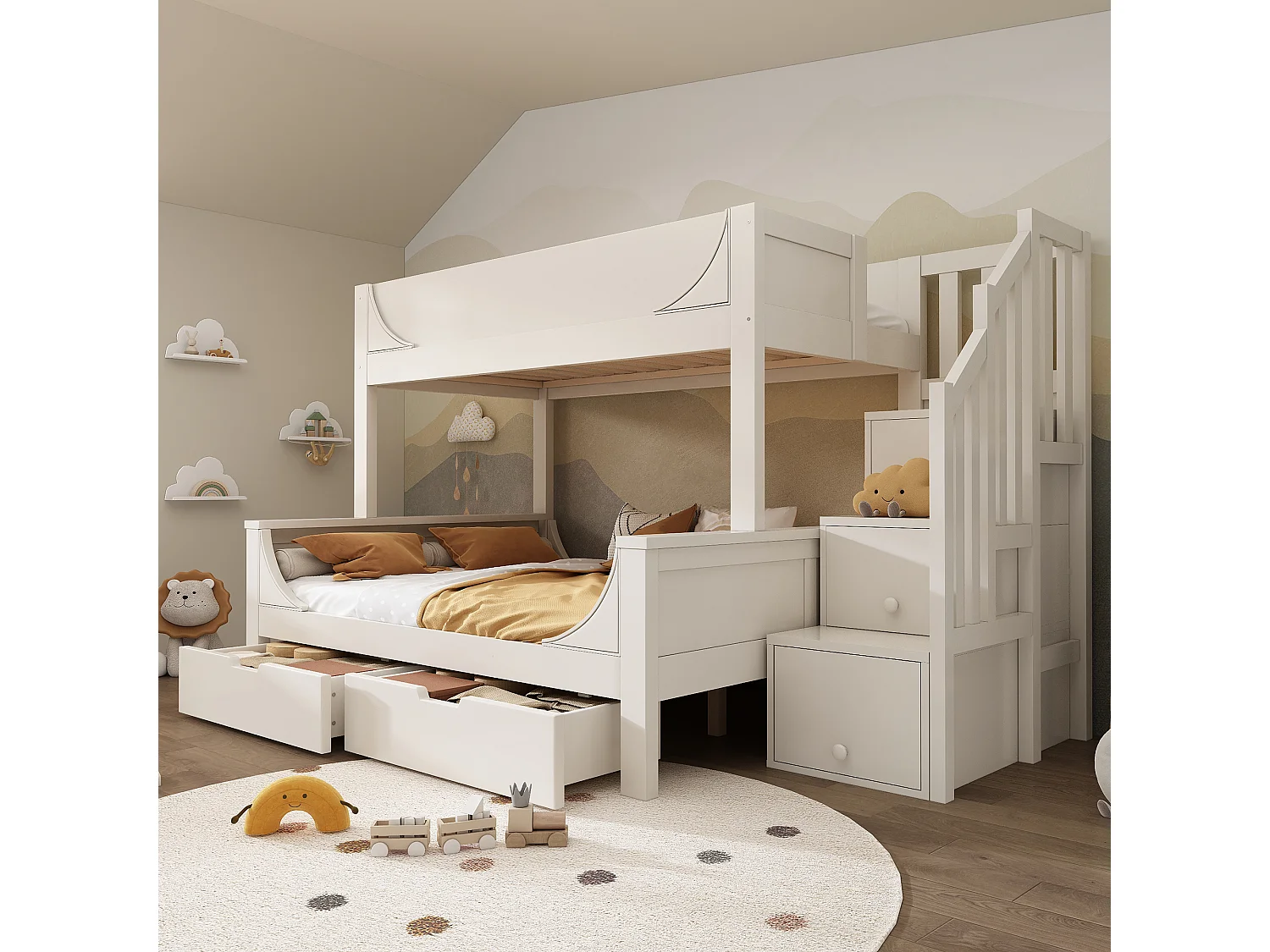 Lit superposé meuble commode & étagères, forme traîneau, sommier inclus, haut 90×200 + bas 140×200, blanc