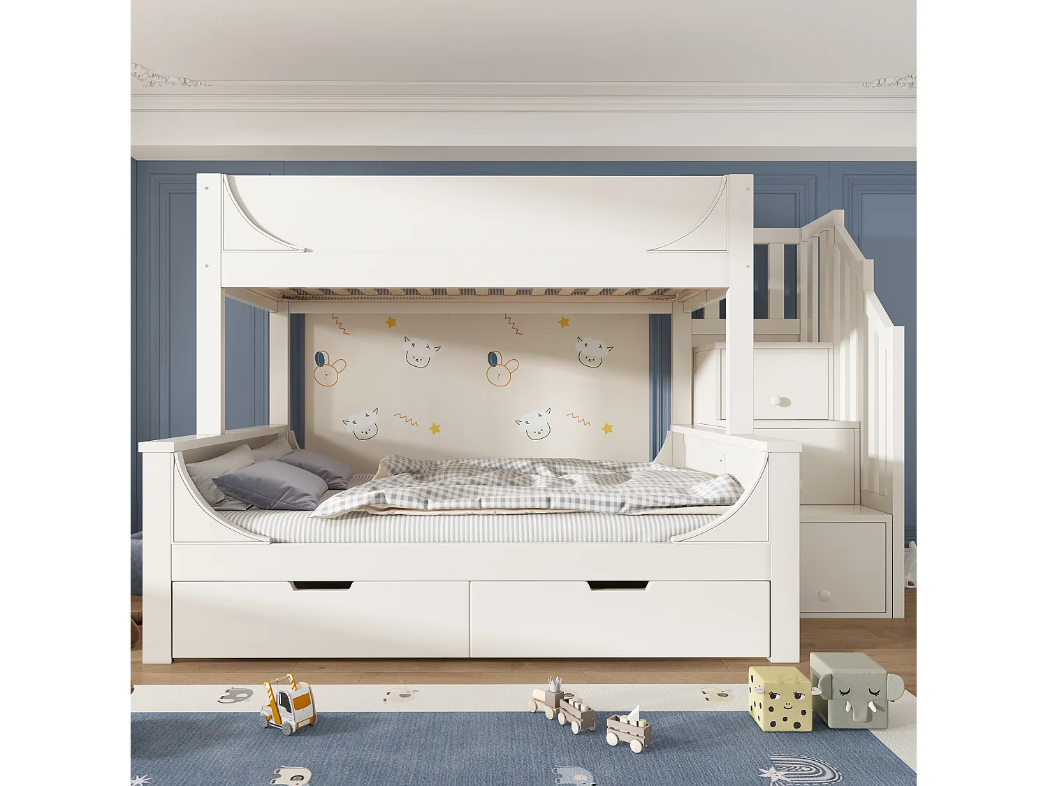 Lit superposé meuble commode & étagères, forme traîneau, sommier inclus, haut 90×200 + bas 140×200, blanc