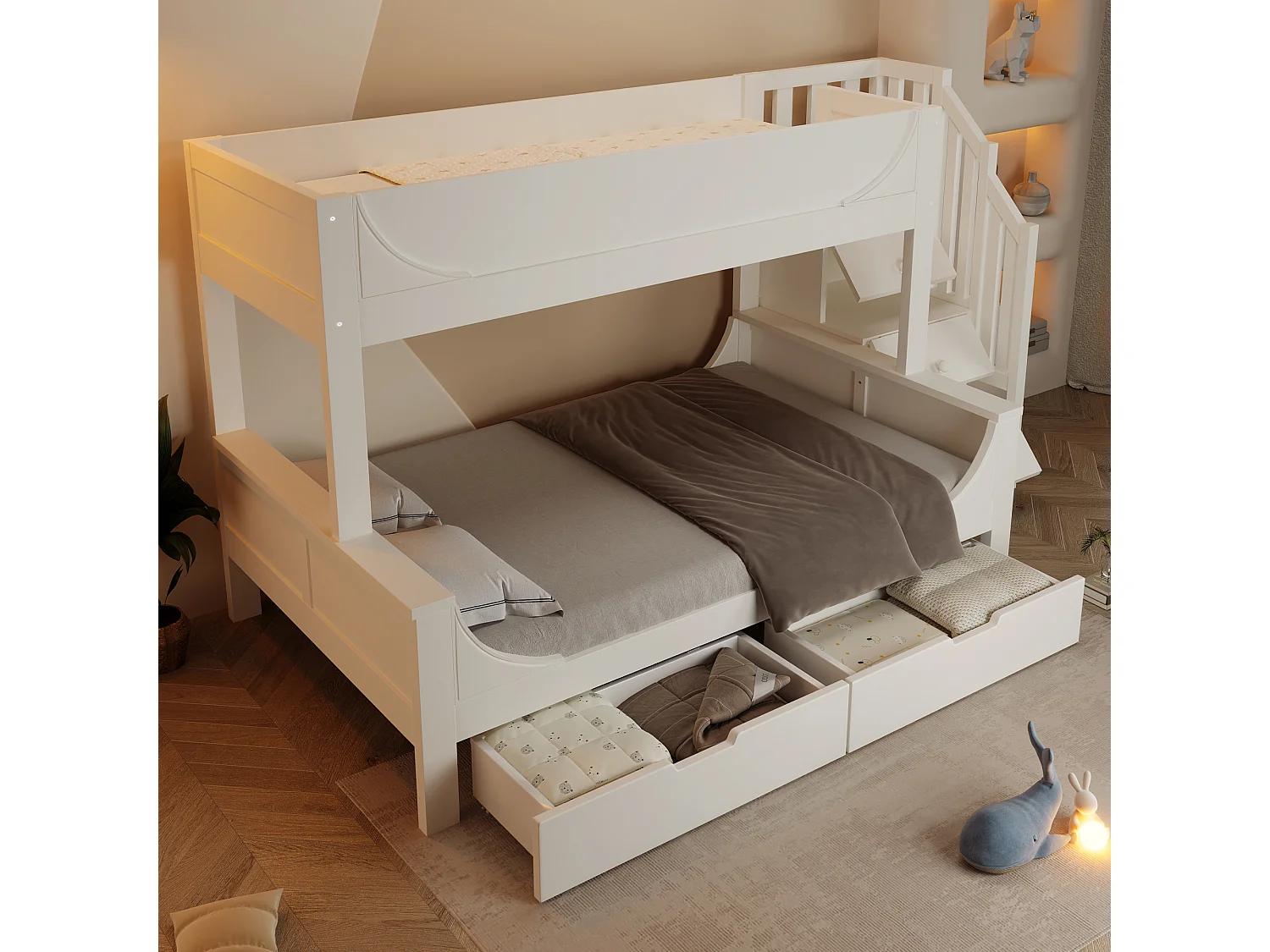 Lit superposé meuble commode & étagères, forme traîneau, sommier inclus, haut 90×200 + bas 140×200, blanc