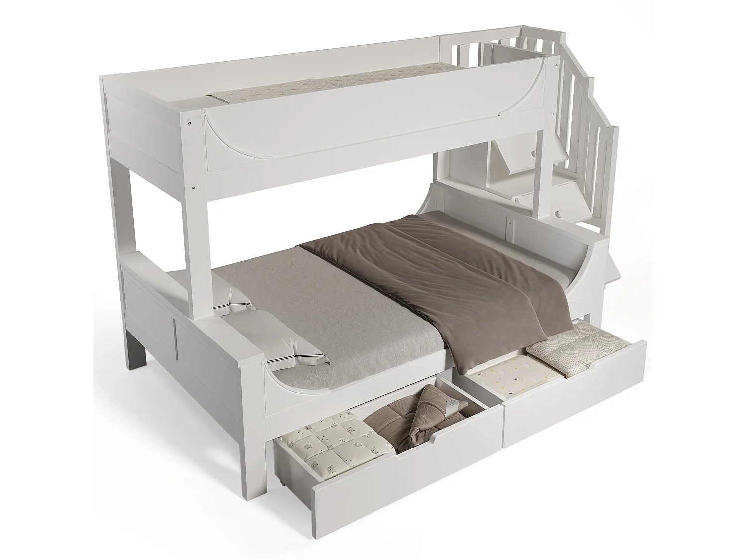 Lit superposé meuble commode & étagères, forme traîneau, sommier inclus, haut 90×200 + bas 140×200, blanc